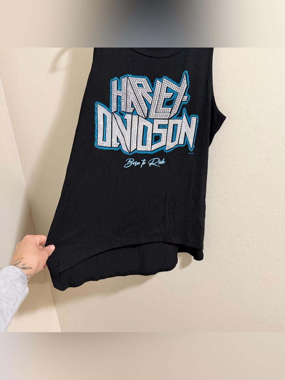 Harley-Davidson Bling Rhinestone Tank Top Medium High Low Teal Blue Born To Ride - Picture 5 of 9